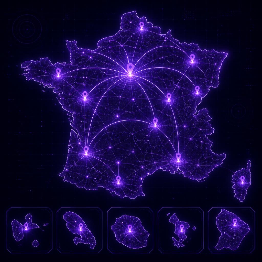 Carte de France illustrant l'accompagnement Capsule Business partout en France métropolitaine et en Outre-mer (Guadeloupe, Martinique, La Réunion), en présentiel, en distanciel et en intra-entreprise